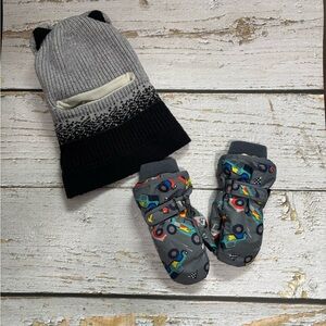 Kids Gray and Black Hat and Scarf with Waterproof Mittens Set